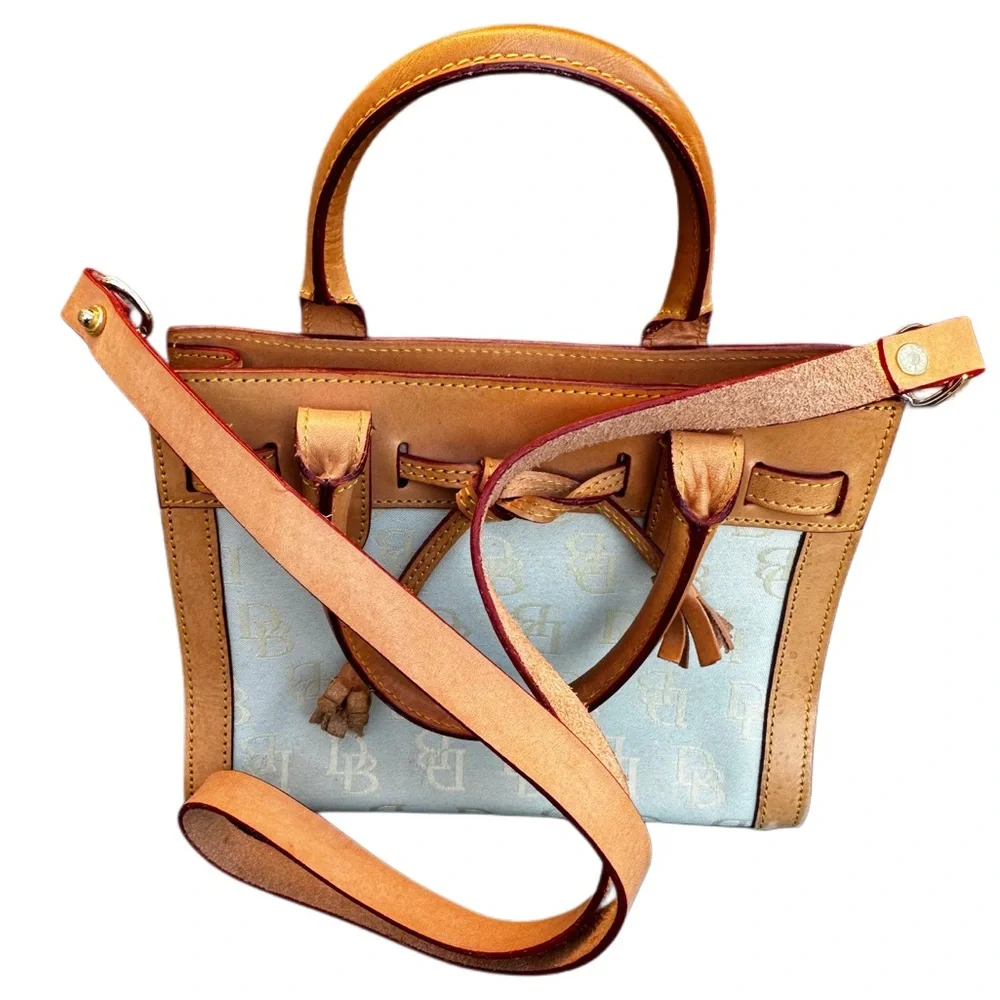 Dooney & Bourke ALTO Light Aqua Blue & Tan Logo Jacquard Satchel tanLeather Trim